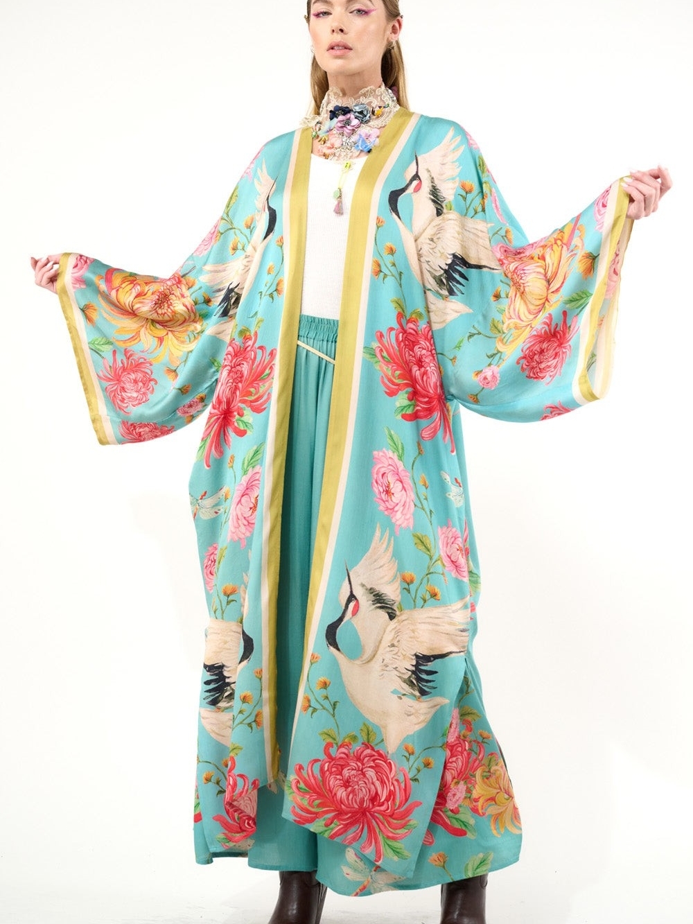 Floral Crane Kimono Robe - Turquoise